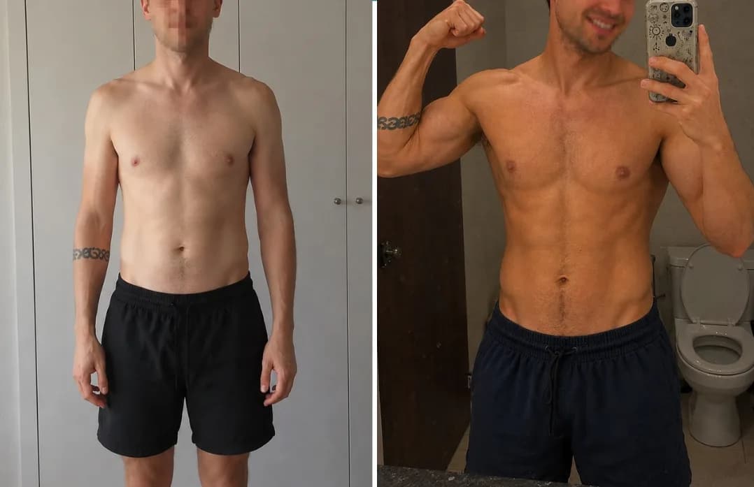 Antes y después real de un usuario de GymGlow que ganó masa muscular con un plan de fuerza y un superávit calórico controlado
