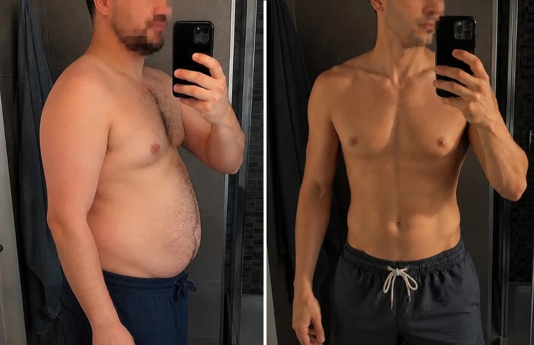 Antes y después real de un usuario de GymGlow que perdió grasa y barriga con un déficit calórico sostenible y entrenamiento de fuerza