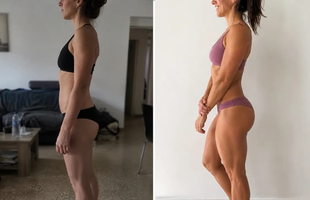 Antes y después real de una usuaria de GymGlow que tonificó y definió su cuerpo con entrenamiento de fuerza y nutrición